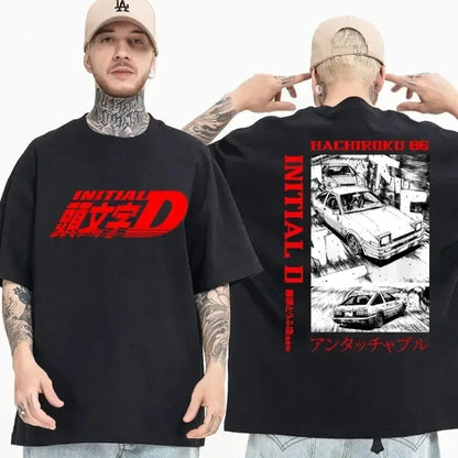 Anime Drift AE86 Initial D Double Sided T Shirt O-Neck Short Sleeves Summer Casual Unisex R34 Skyline GTR JDM Manga T-Shirts