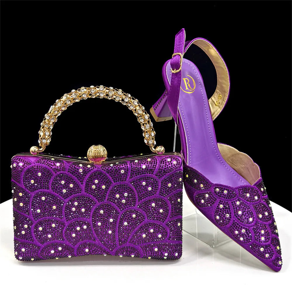 Women's Blue Color Heels with Rhinestone Accents & Matching Bag Set - Elegant Italian Fashion Pointed Toe Design