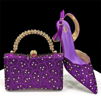 Women's Blue Color Heels with Rhinestone Accents & Matching Bag Set - Elegant Italian Fashion Pointed Toe Design
