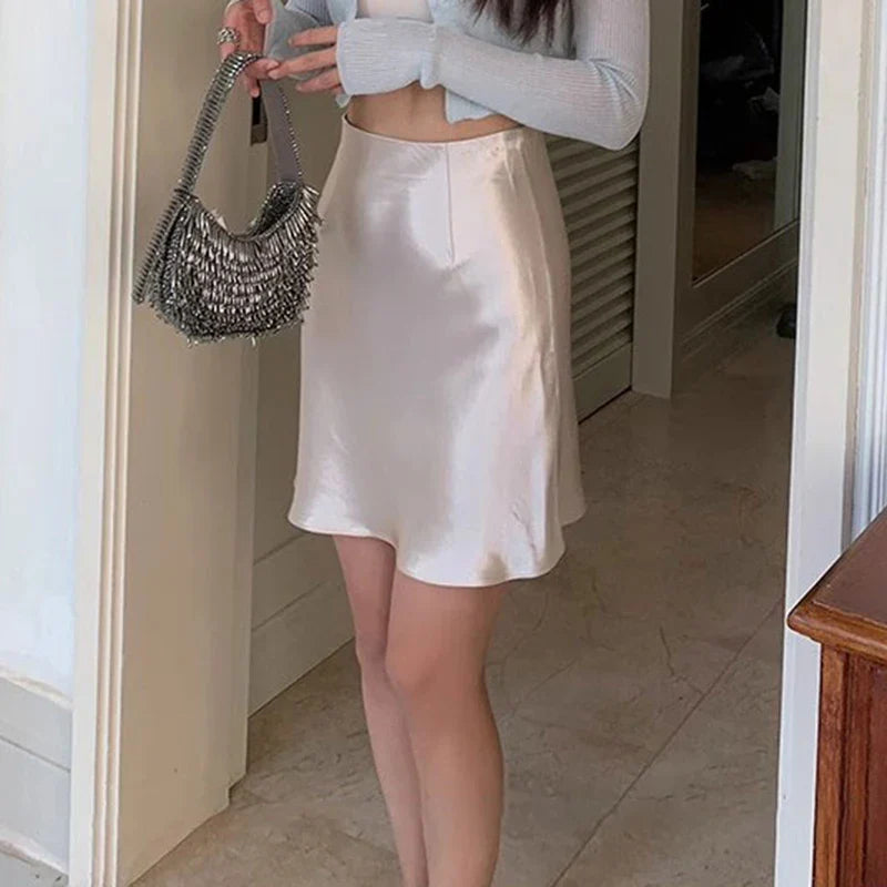 2026 Summer Lady High Waist Thin Acetate Satin Skirts Lady Solid Color A-line Dresses Girls Chic Korean Fashion Skirts