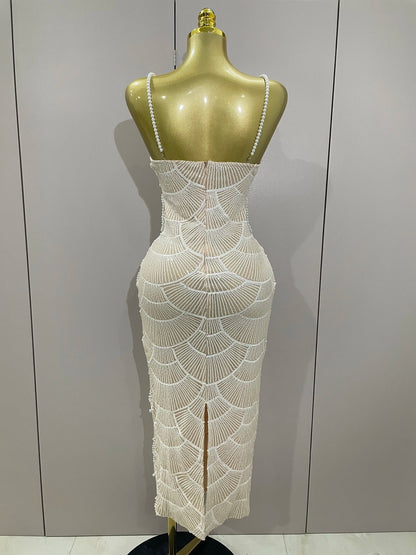 Women Hot Sale Sleeveless Sexy Strap Pearl Beading Sequins Bodycon Long Dress Celebrate Evening Party Birthday Outfit Vestido