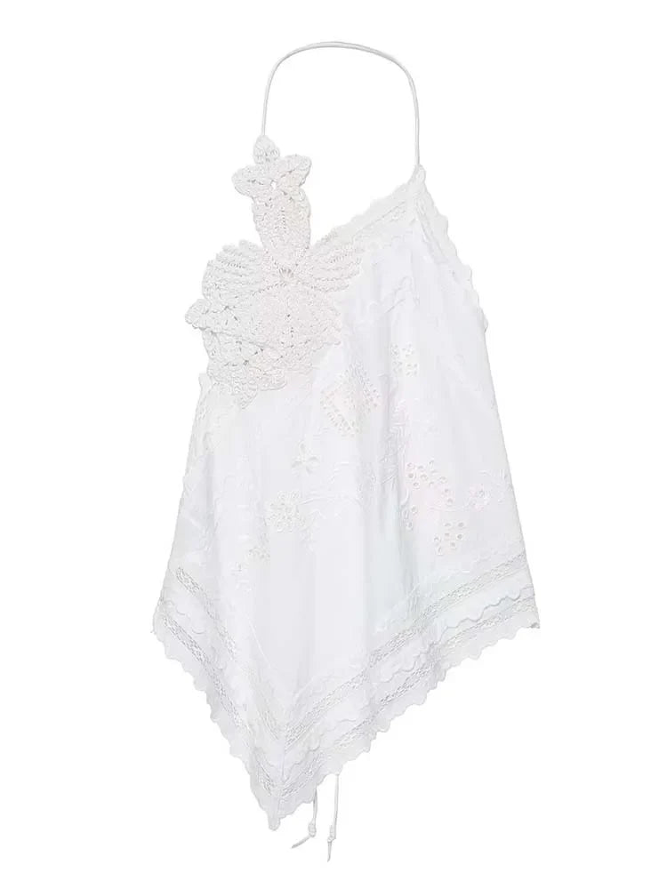 New Women Embroidery Halter Fashion Elegant Crop Tie Top Woman 2025 Sleeveless Backless Short Tops Women Sexy Elegant Party Top