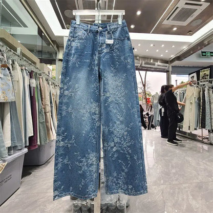 Korean Niche Jacquard Wide-leg Jeans Women Summer Trousers New Design Sense High-waist Casual Straight-leg Floor-length Pants