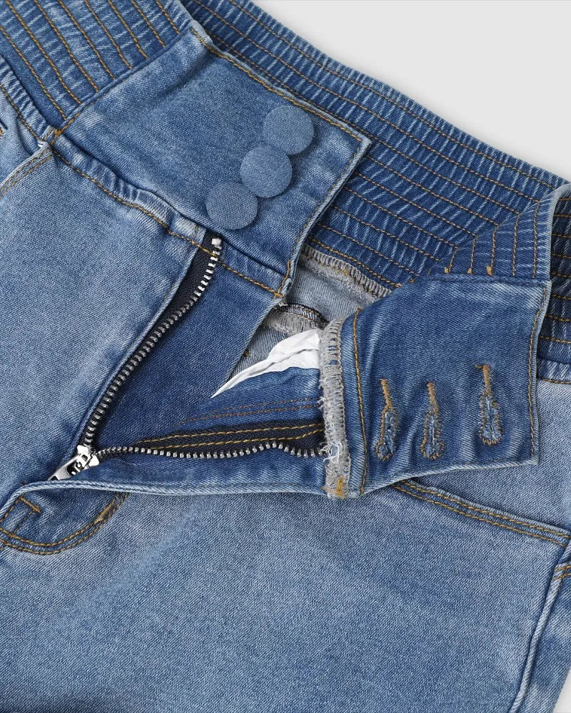 Causal Jeans Back Shirred Button Front High Waist Jeans