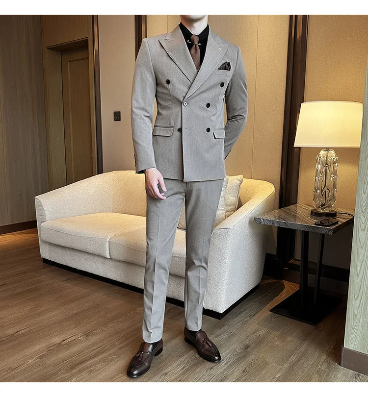 (Jackets+Pants) Luxury Double Breasted Design Slim Fit Suit High Quality Fashion Men's Wedding Social Suit Tuxedo 2 Piece Set