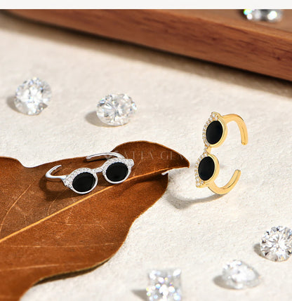Cool Mini Glasses Moissanite Ring for Woman S925 Sterling Silver Adjustable Band Couple Open Rings Party Jewelry Gifts