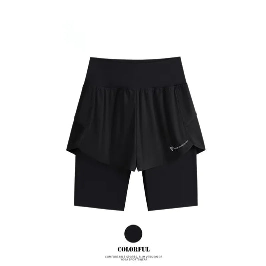 Yoga Shorts Women Summer Fake Two Piece High Waist Loose Gym Shorts With Pocket Ladies Lightweight Fitness Running Clothes