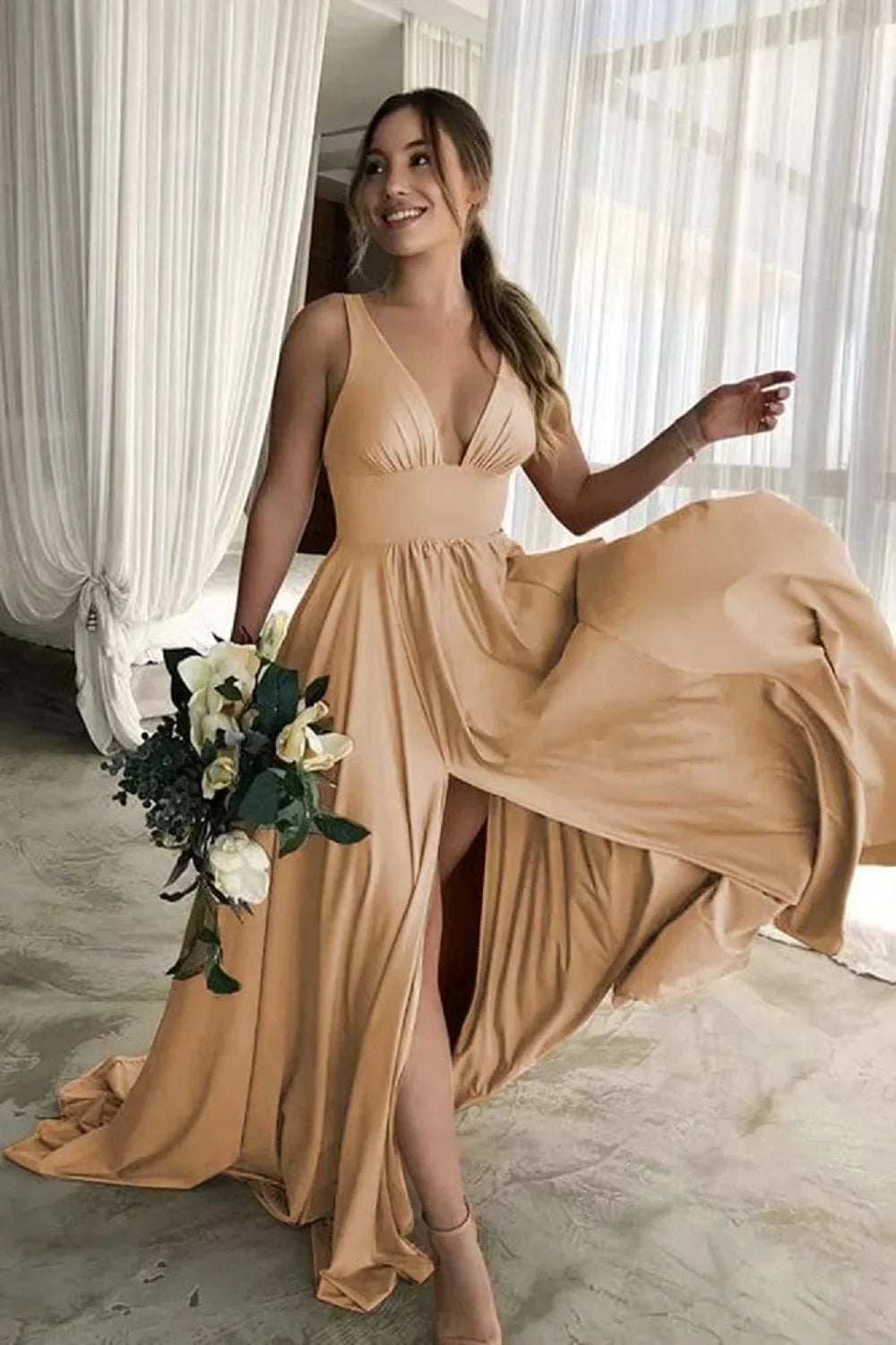 Prom Dresses Split V Neck Bridesmaid Dress Elegant Women Wedding Party A Line Formal Dress Sleeveless Floor Length Birthday Gown