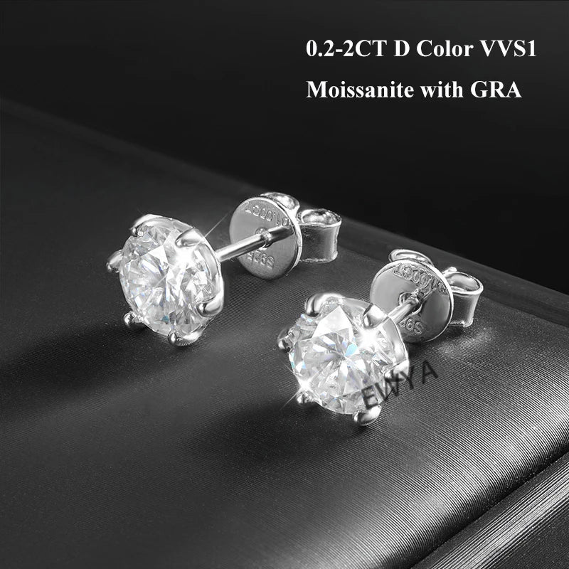 925 Sterling Silver 0.2-2ct D VVS1 6 Prong Diamond with GRA Moissanite Screw Stud Earrings For Women Wedding Fine Jewelry
