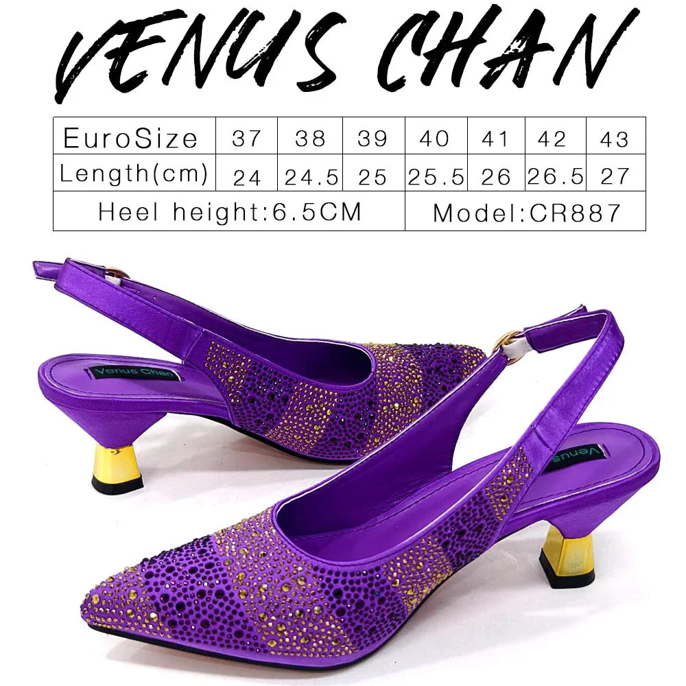 High Heels Shoes for Women Embroidery Rhinestone Italian Design Gold Color Pointed Toe Shoes and Bags Set Fashio