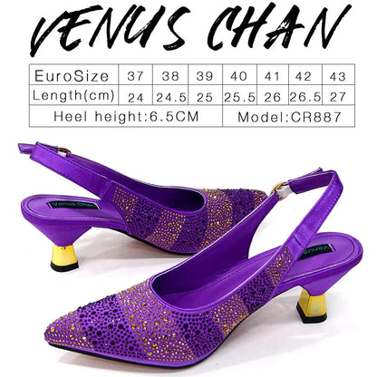 High Heels Shoes for Women Embroidery Rhinestone Italian Design Gold Color Pointed Toe Shoes and Bags Set Fashio