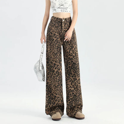 High Waist Retro Leopard Print Jeans for Women