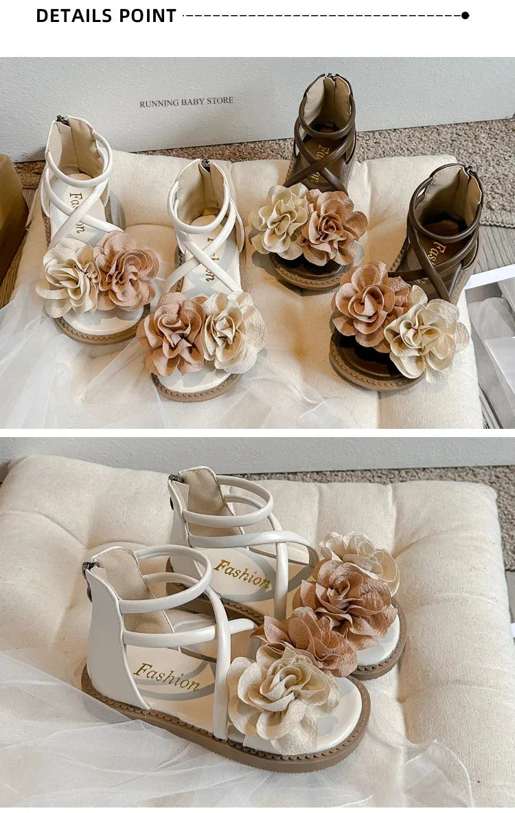 2025 Girls Sandals Summer New Flower Pearls Little Girl Princess Shoes Soft Bottom Non-slip Girl Kids Roman Sandals Shoes I03191