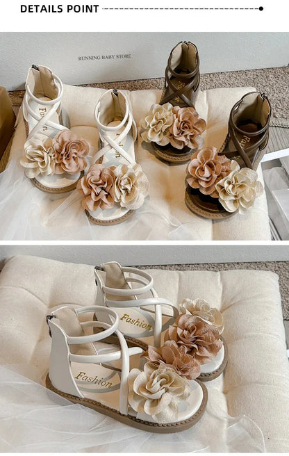 2025 Girls Sandals Summer New Flower Pearls Little Girl Princess Shoes Soft Bottom Non-slip Girl Kids Roman Sandals Shoes I03191