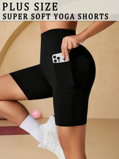 Plus Size High Waisted Biker Shorts For Women With Pockets Super Soft Tummy Control No See Through Workout Running Yoga