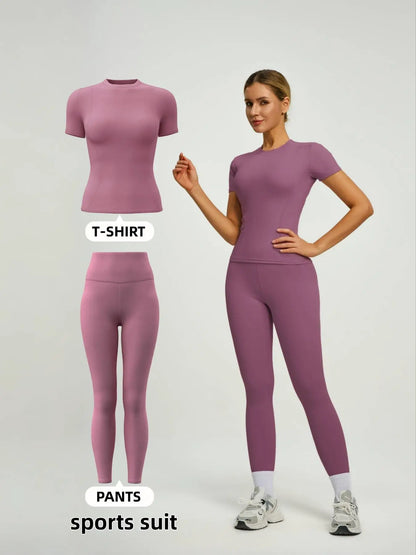Women's Short Sleeve Sporty Set, High Waist Yoga Pants & T-Shirt Combo, Ideal for Fitness Gym Sculpting Workout