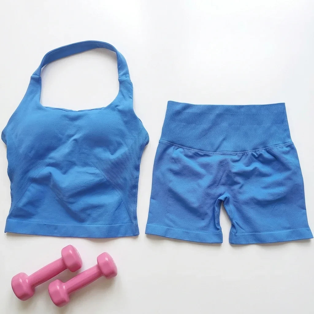 Sexy Halter Neck Beautiful Back High Waist Peach Sports Bras Shorts Suit Pilates Gathering Yoga Vest Training Fitness Bra Sets