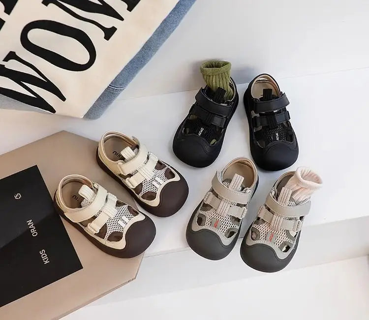 Children Sports Sandals Versatile Kids Causal Cut-outs Sandals Summer Fashion Boys Girls Patchwork Mesh Beach Shoes Black Beige
