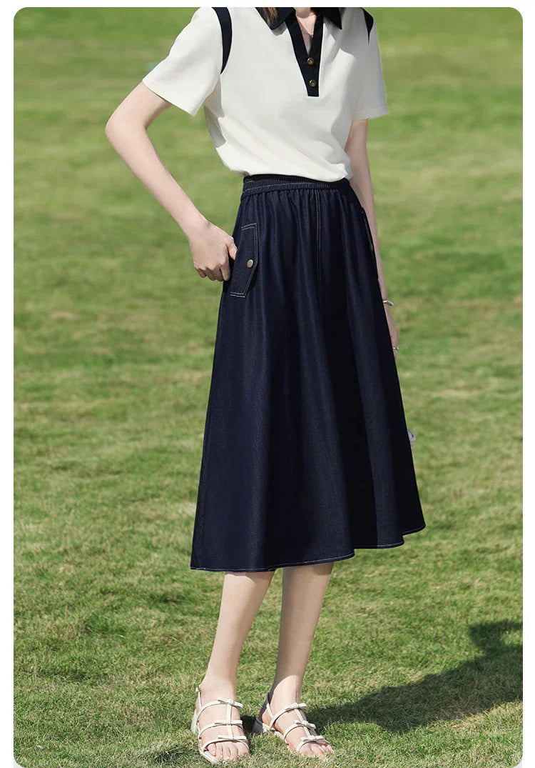 Dark Blue Denim Midi Skirt for Women 2026 Spring Elastic Waist Skirts Casual A-Line Skirt with Pockets 2261026207