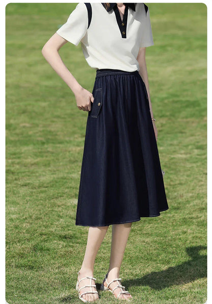 Dark Blue Denim Midi Skirt for Women 2026 Spring Elastic Waist Skirts Casual A-Line Skirt with Pockets 2261026207