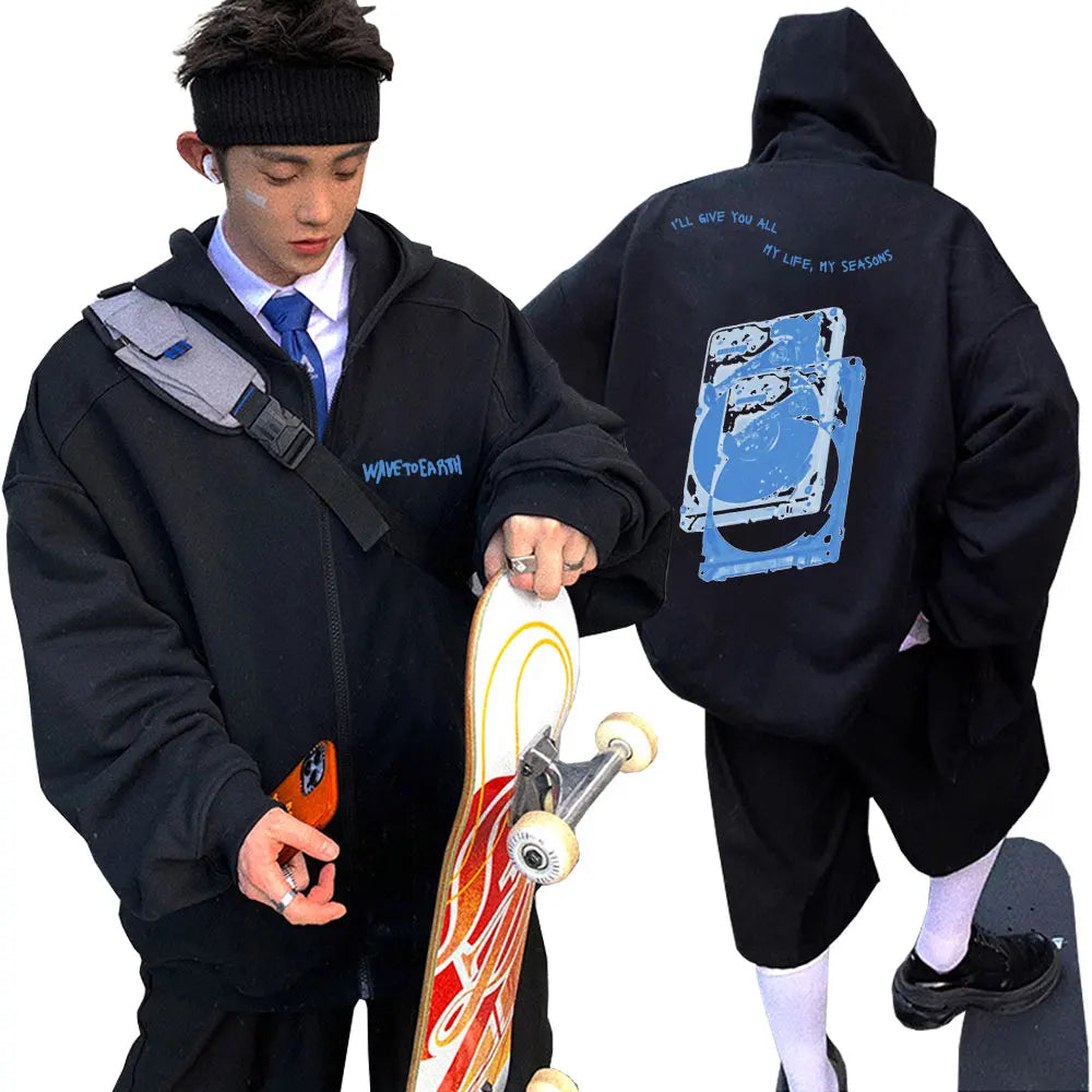 Korean Band Wave To Earth Print Zipper Hoodie Men's Casual Oversized Zip Up Jacket Men Women Hip Hop Fashion Y2k Zip Up Hoodies