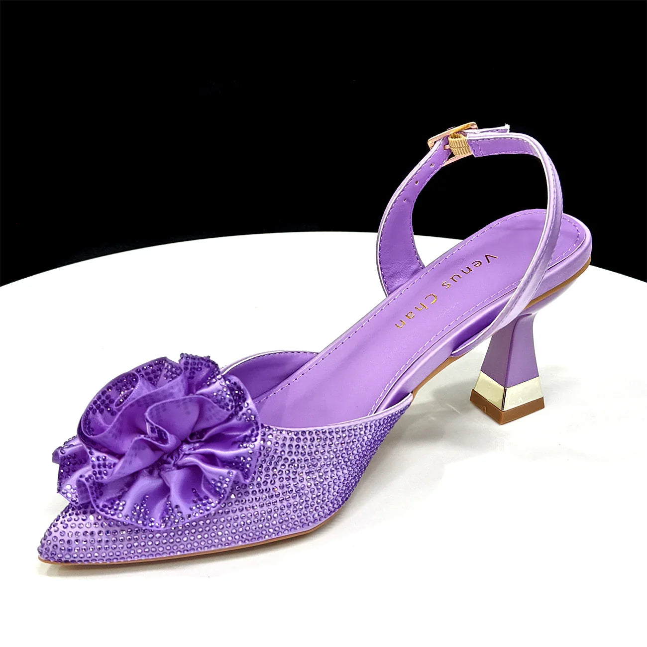Elegant Shiny Dark blue Handbag and Medium Heel Shoes Set with Beautiful Handmade Flowers for Weddings and Parties
