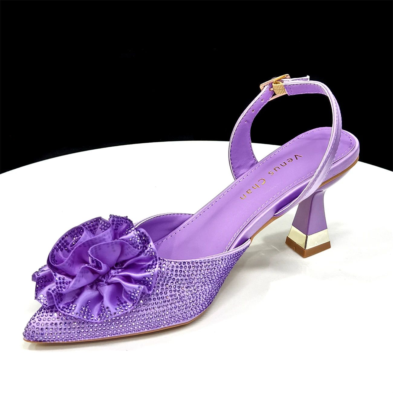 Elegant Shiny Dark blue Handbag and Medium Heel Shoes Set with Beautiful Handmade Flowers for Weddings and Parties