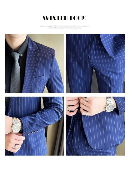Men's Fashion High-Quality Slim Fit Two-Piece Suit Set Spring Autumn Stripes Business Casual Trousers And Jacket Combo