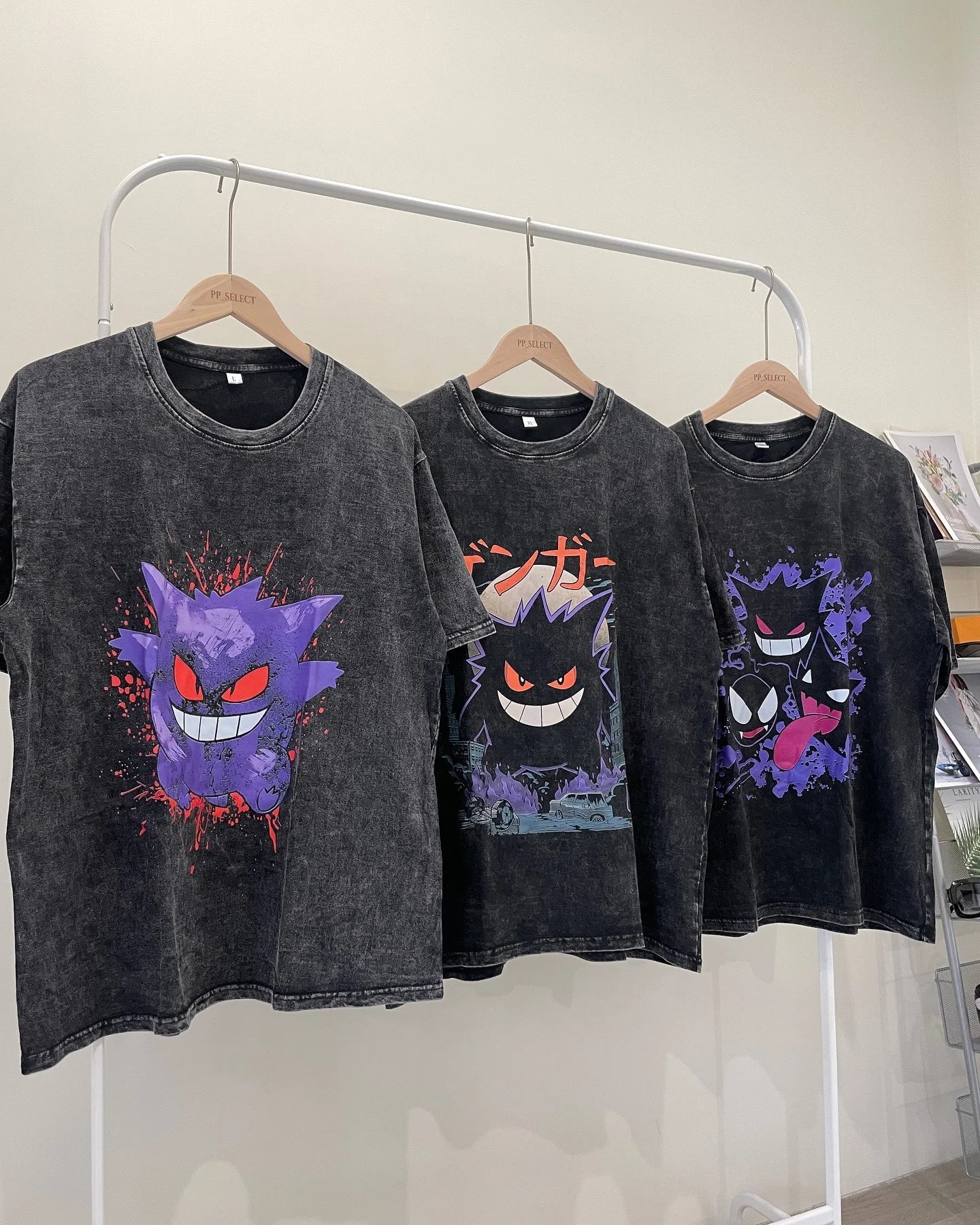 2026 Vintage Washed Mens Womens T Shirt Gengar Anime Short Sleeves Tee Graphic Print Casual Top Summer Y2k Streetwear