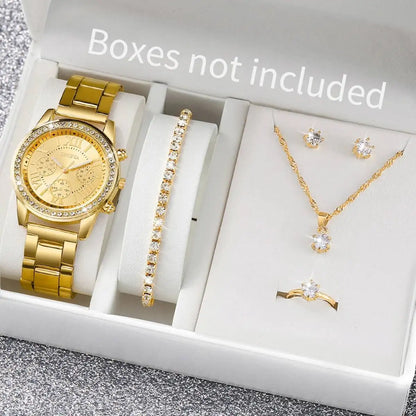 6PCS/Set Fashion Rhinestone Women Watches Analog Quartz Wrist Watch Jewelry Set Reloj Mujer（Without Box）