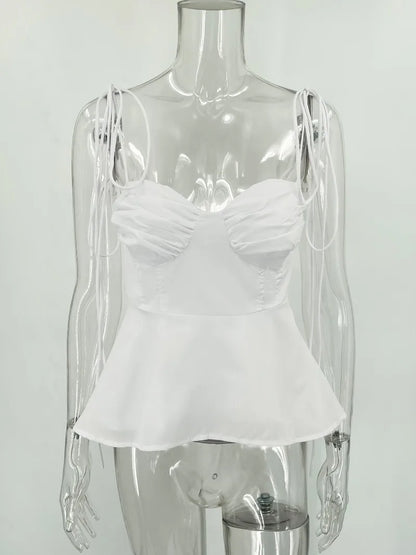 White Smocked Strappy Camisole Women's Sexy Sleeveless Ruffle Slim Bra Solid Color Streetwear Y2k Women's Tops Camisole