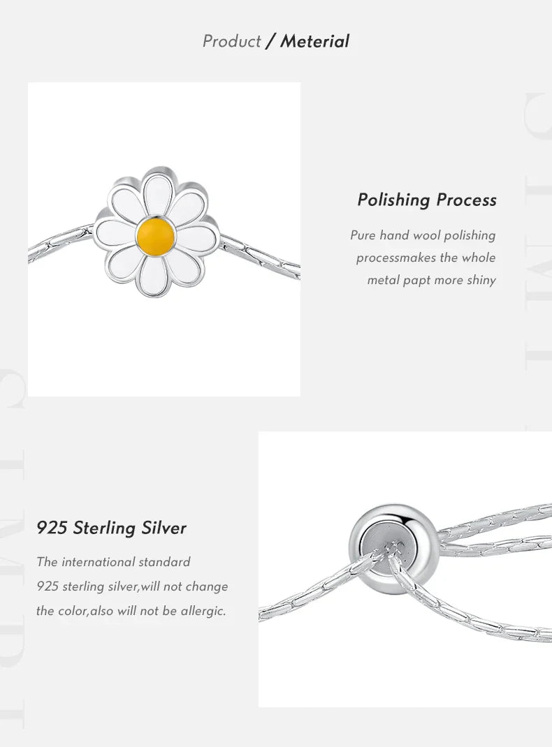 925 Sterling Silver Exquisite Enamel Daisy Flowers Bracelet Trendy Adjustable Snake Chain For Women Valentine’s Day Gifts