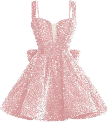 Sparkly Sequin Homecoming Dresses 2026 Short Spaghetti Straps V Neck Cocktail Party Gowns with Bow  Mini Dress Graduation Dress