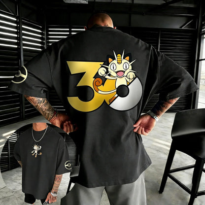 30th Anniversary Meowth Printed T-shirt Summer New Men's and Women's Loose Casual Hip Hop Trendy Short Sleeve Top
