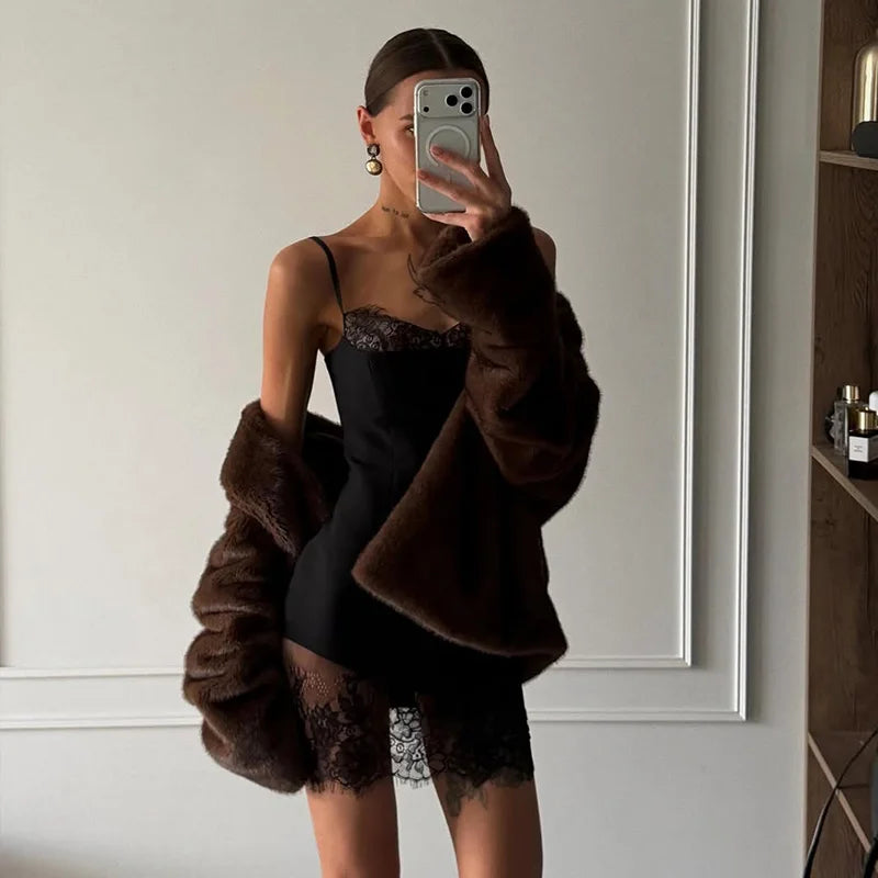 Solid Patchwork Lace Dresses For Women Fashion Sexy Straps Sleeveless V-Neck Sheath Sheer Mini Vestidos Robes Female Slim Fit