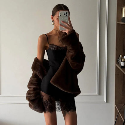 Solid Patchwork Lace Dresses For Women Fashion Sexy Straps Sleeveless V-Neck Sheath Sheer Mini Vestidos Robes Female Slim Fit