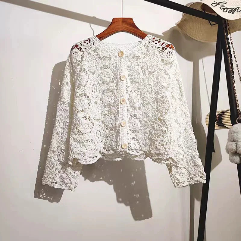 Long Sleeve Crochet Knit Top Beach Bikini Cover Up Button-up Cardigan Blouse Women blusas para mujer Vacation Boho Outfit