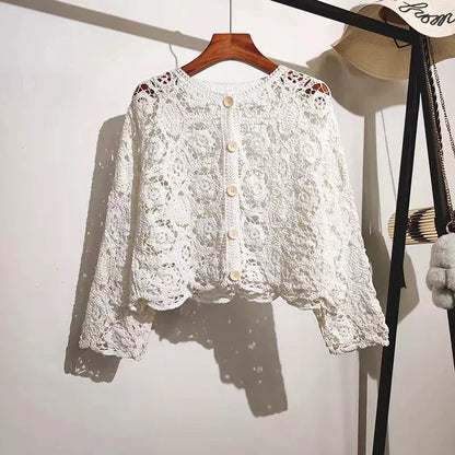 Long Sleeve Crochet Knit Top Beach Bikini Cover Up Button-up Cardigan Blouse Women blusas para mujer Vacation Boho Outfit