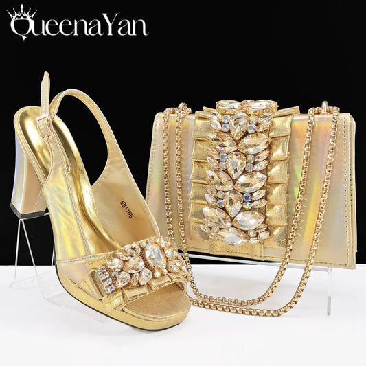 Spot goods INS Gold Color Elegant Women Heels Shoes and Bag Set Decoration Rhinestones Women High Heels Shoes