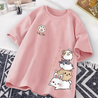 Camiseta Feminina Estilo Hamster Japonês Fofo Estampa Doce Uso Diário Manga Curta Solta Casual Adolescente Estudante Meia Manga Top