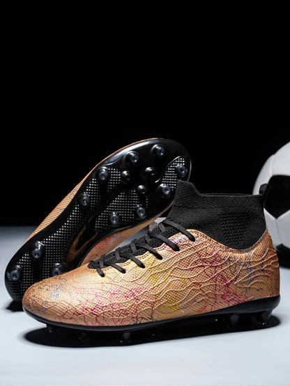 High quality, high-top football shoes, unisex style, comfortable, breathable, available in TF and FG options.  Sole spikes
