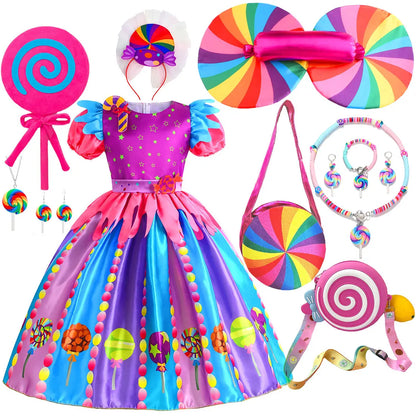 2026 New Candy Dress For Baby Girl Purim Carnival Birthday Costume Fancy Rainbow Short Sleeve Cute Dress + Accessories Set