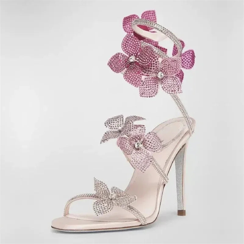 Luxury Designer Pink Flower Rhinestone High Heels Sandals Shoe Sexy Wrap Strap Open Toe Stripper Prom Party Ladies Shoes