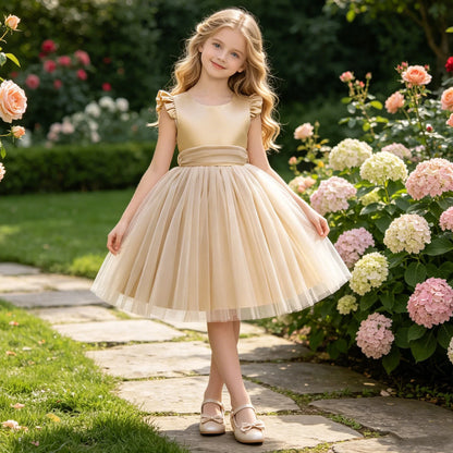 Summer Bow Wedding Party Girls Dress Elegant Tulle Bridesmaids Princess Evening Dresses for Girl Gala Birthday Host Prom Costume