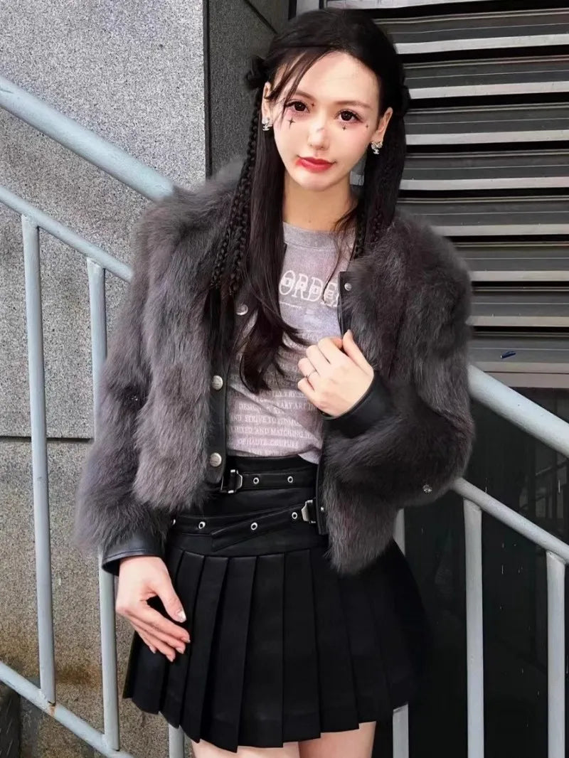Punk Women Genuine Leather Skirt High Waist Sexy Mini A Line Skirts New Solid Color Ladies Casual Sweet Sheepskin Pleated Skirt