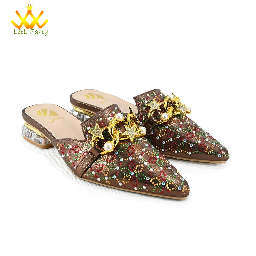Low Heels Comfortable Sweet Style Italian Design Shoes Matching Bag Set in Orange Color High Quality with Crystal for Dress