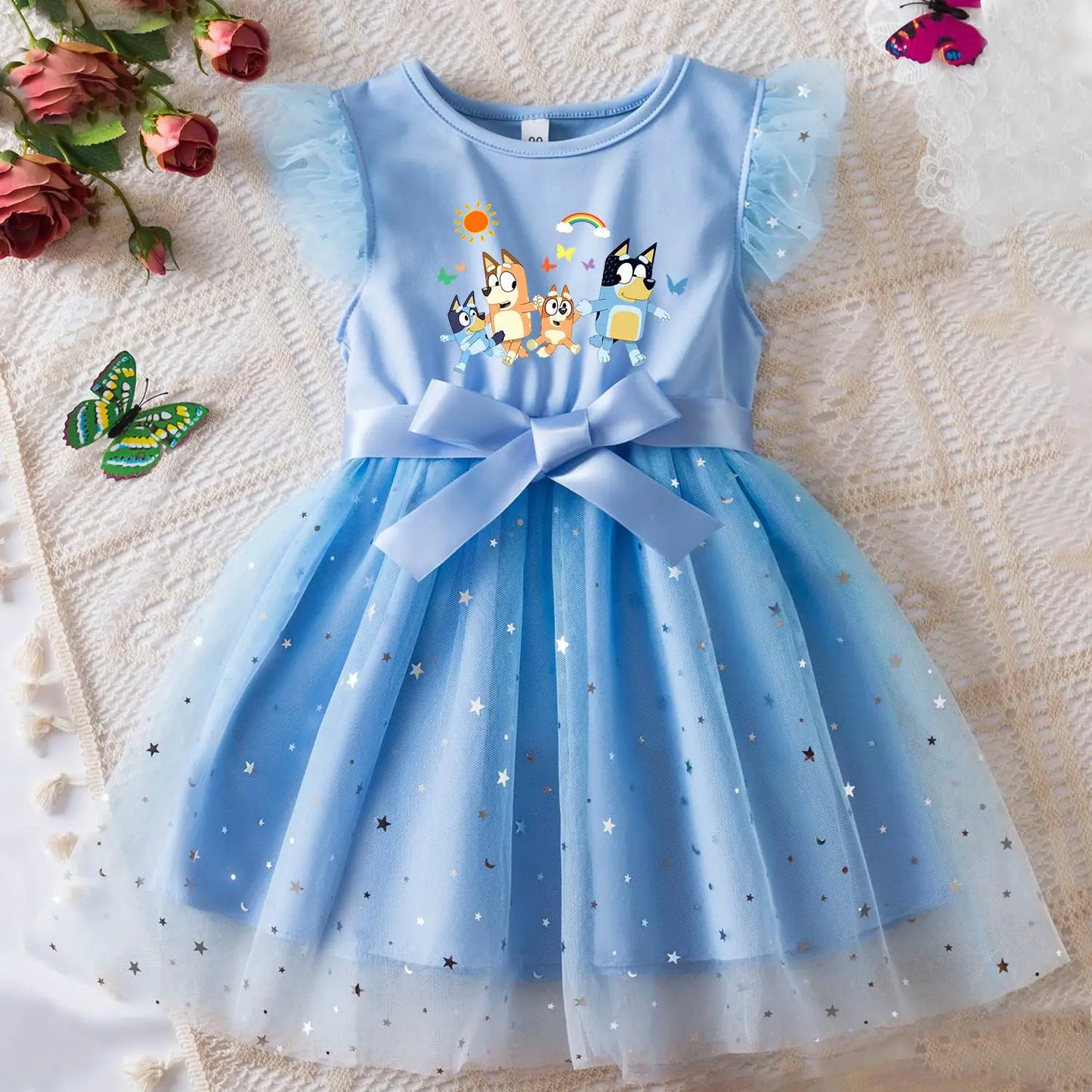 Girls Sequin Tutu Dress with Bow Flutter Sleeves Summer Princess Party Outfit for Toddler Kids 2-6 Years