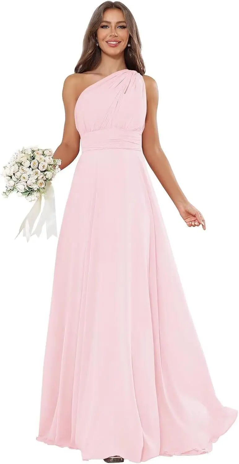 Vestidos de Daminha de Um Ombro para Mulheres Vestido de Noite Formal Longo de Chiffon Plissado Vestidos de Madrinha para Casamentos
