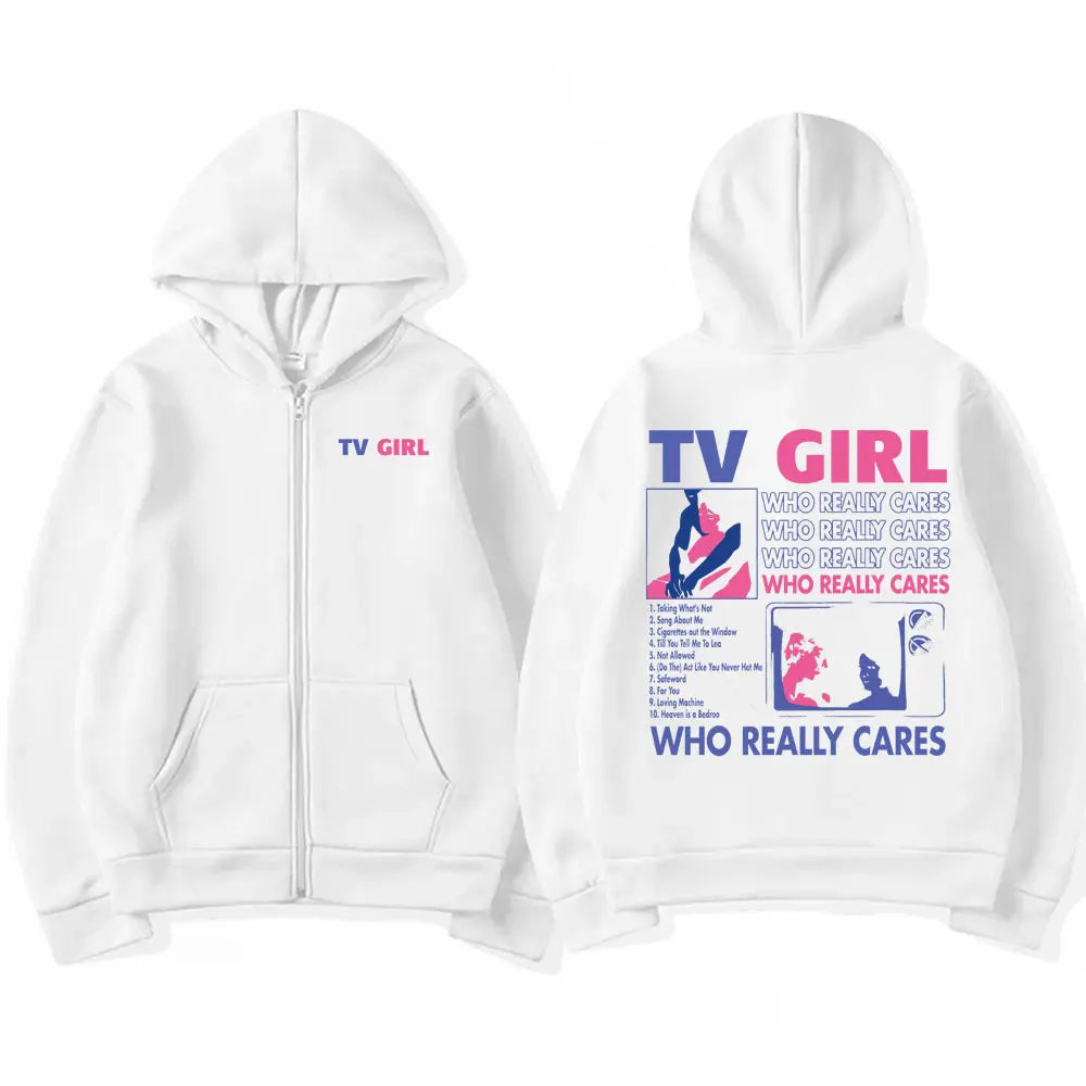 TV Girl Who Really Cares Graphic Print Zipper Hoodie Men Women Fashion Casual Oversized Zip Up Jacket Male Fleece Sweatshirts