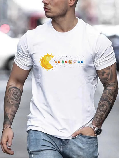 Men's 100% pure cotton summer loose and comfortable casual solar system Planets printed round neck short sleeved T-shirt top